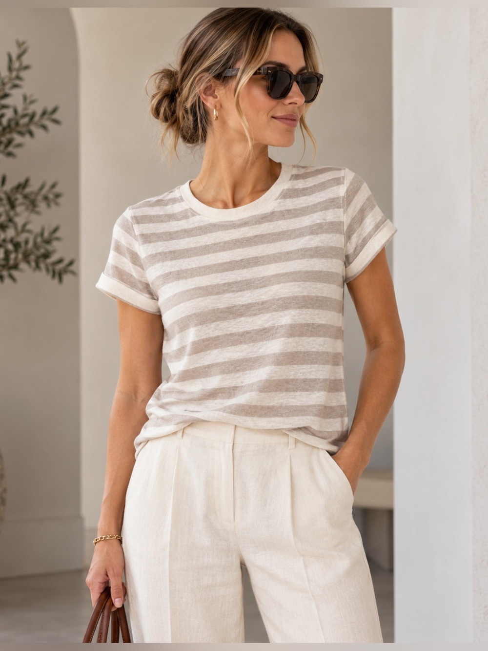 Theory Lisso 100% Linen Striped Tee Top Petite P
